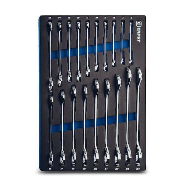 Angle Open End Wrench Set, 30Deg and 60Deg Angles, 624mm Metric, 19Pcs W Mechanic's Tray